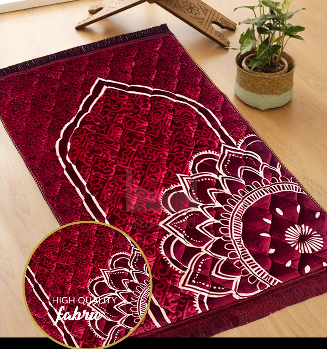 Premium Velvet Quilted Prayer Mat Maroon (Random Design)