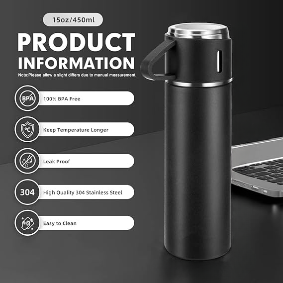 H-409 Vacuum Flask Gift Set With 3 Stainless Steel Cups – Keeps Hot/cold