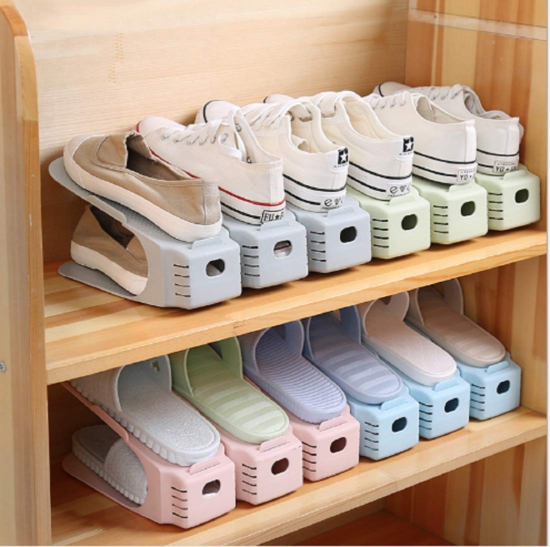 Double Layer Adjustable Shoe Bracket Storage Rack, Random Colour (3 Racks)