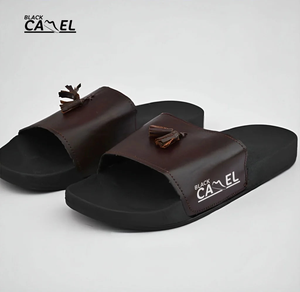 Black Camel Tassel Slide Slipper For Men