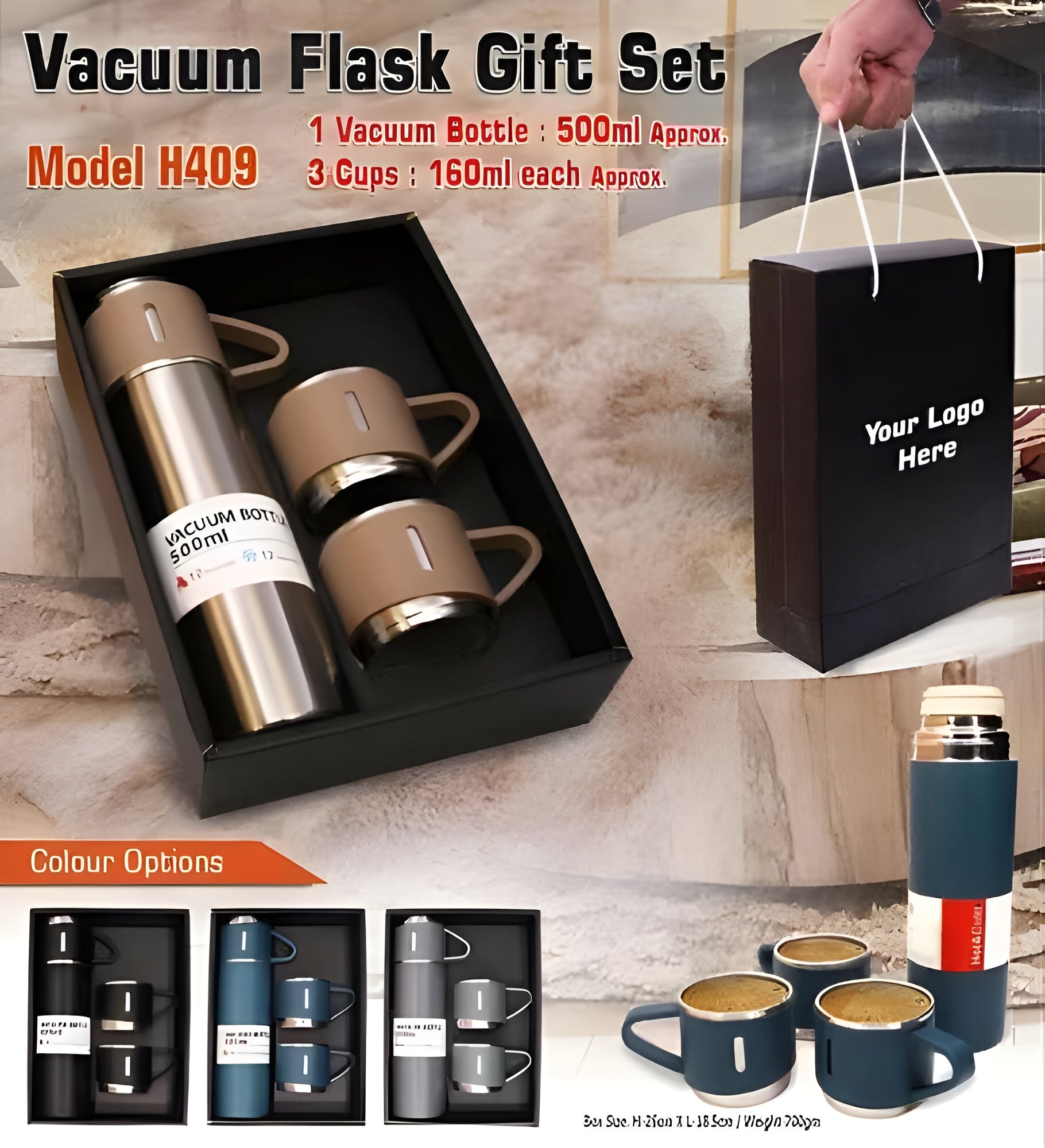 H-409 Vacuum Flask Gift Set With 3 Stainless Steel Cups – Keeps Hot/cold