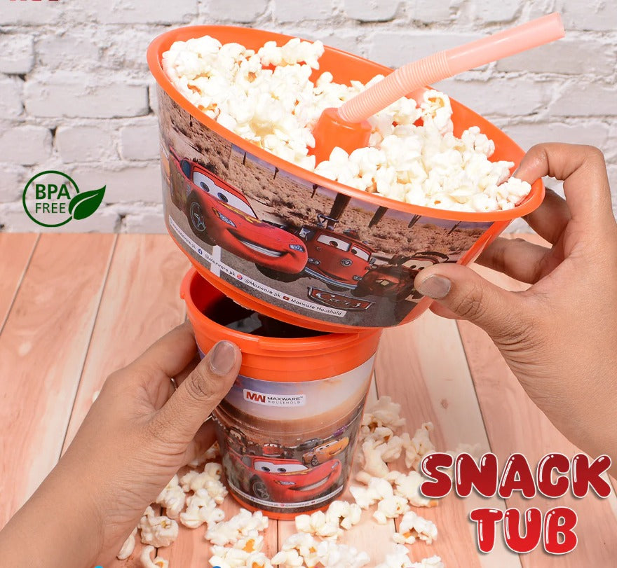 2 In 1 Snack Tub With Straw Glass For Kids( Random Color & Character)