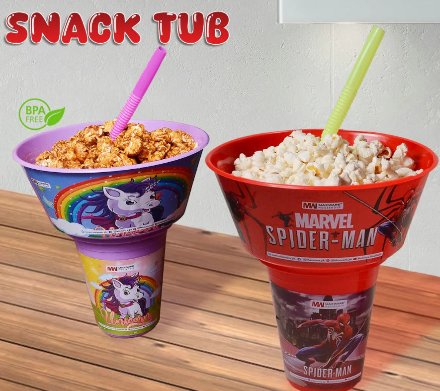 2 In 1 Snack Tub With Straw Glass For Kids( Random Color & Character)