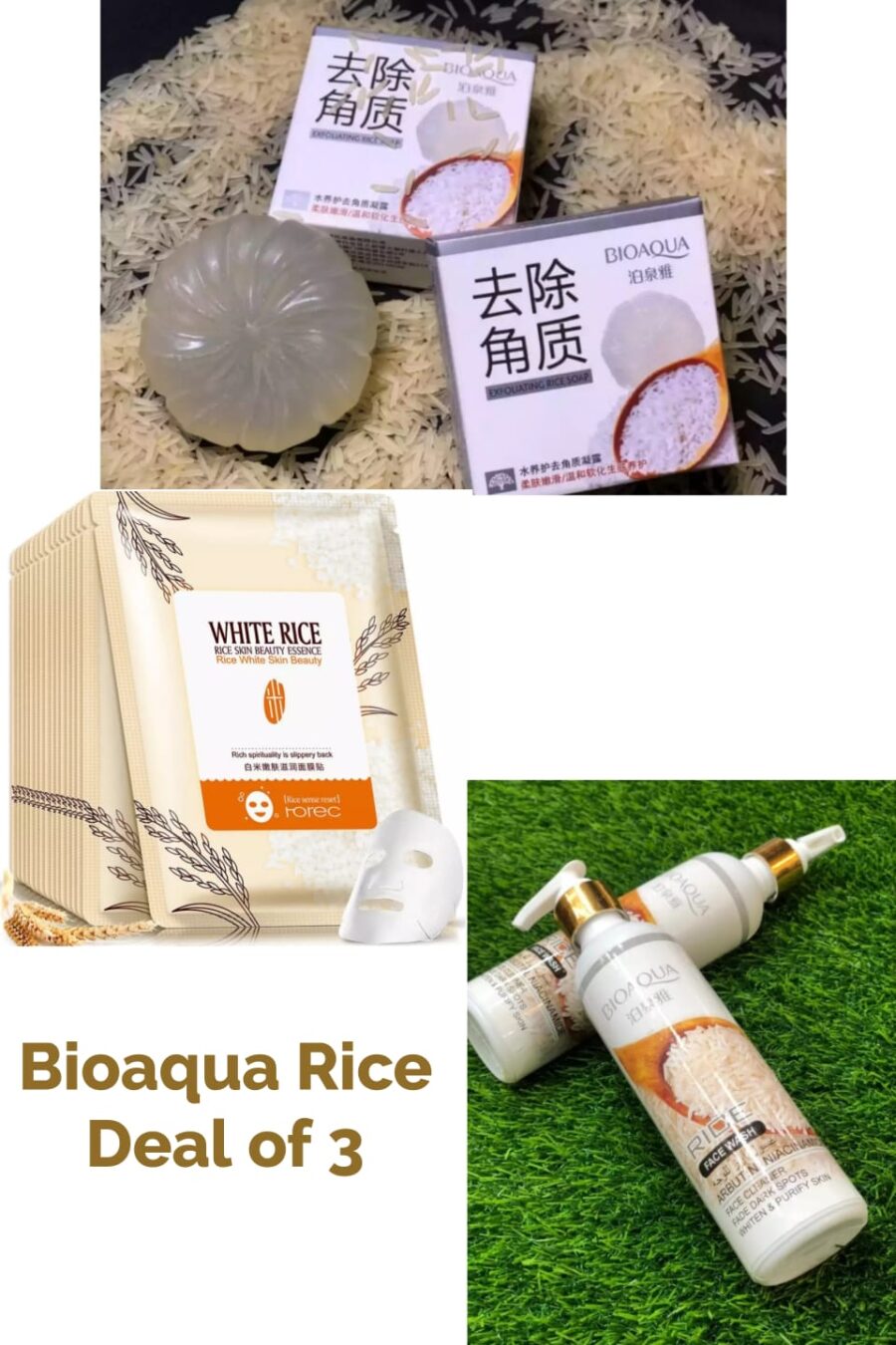 Deal Of 3 Bioaqua Rice Face Sheet Masks,Face Wash & Soap For Darken Skin