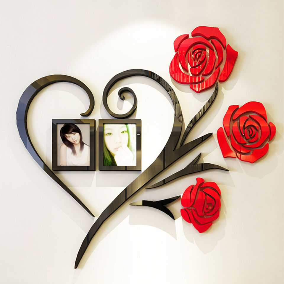 Red Rose Flower & Heart With 2 Picture Frames